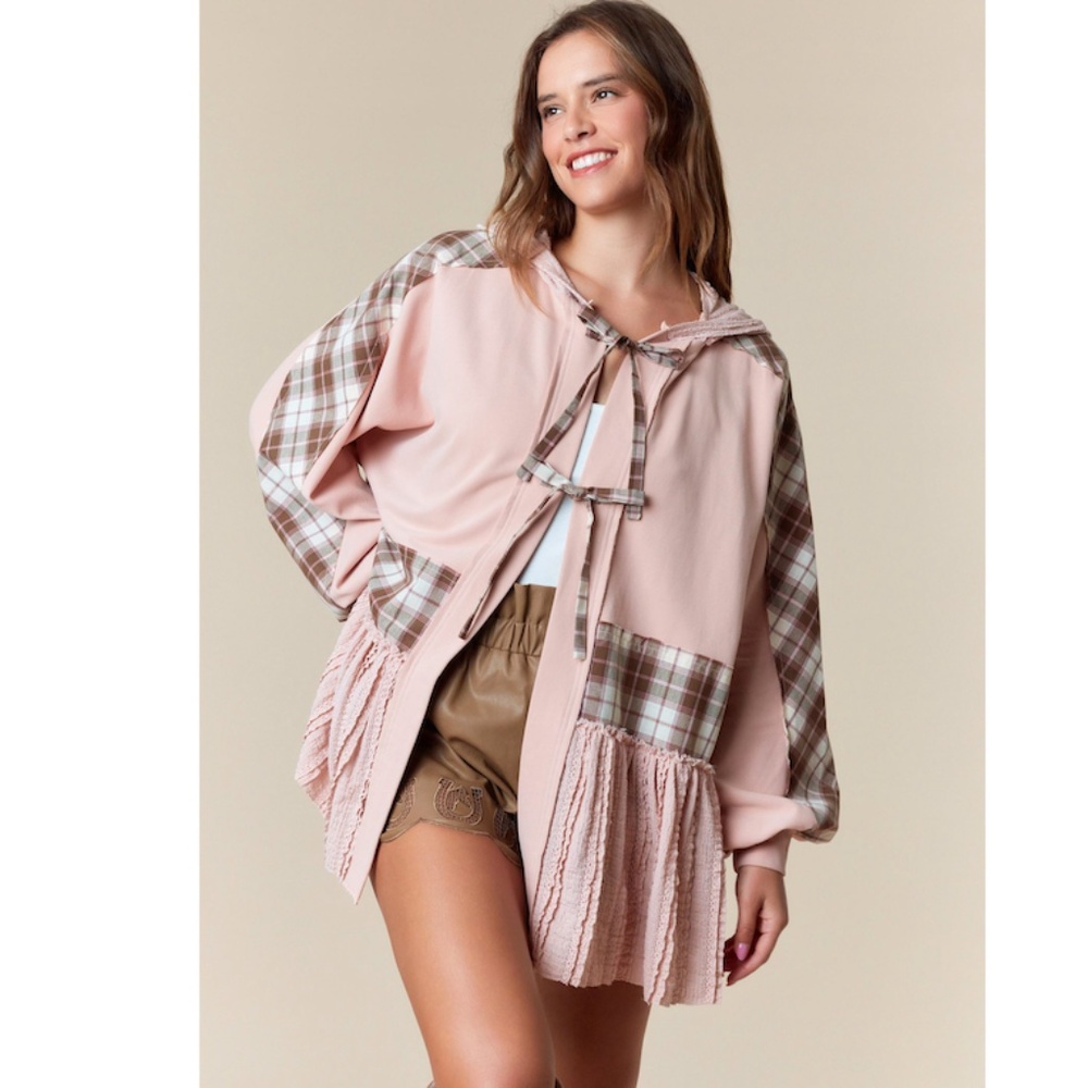 "The Madelyn" Blush Lace Contrast Hoodie Vest with Pockets